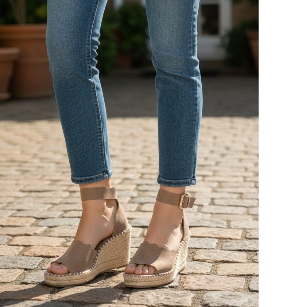 Clothing & Co Womens Tan Scalloped Espadrille Wedge Sandals Size 9 Ankle Strap